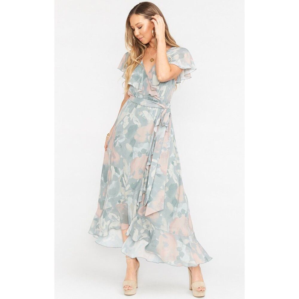 SHOW ME YOUR MUMU Sage Green Pink Ruffle Bridesmaid Waist Tie Midi Dress Size XL